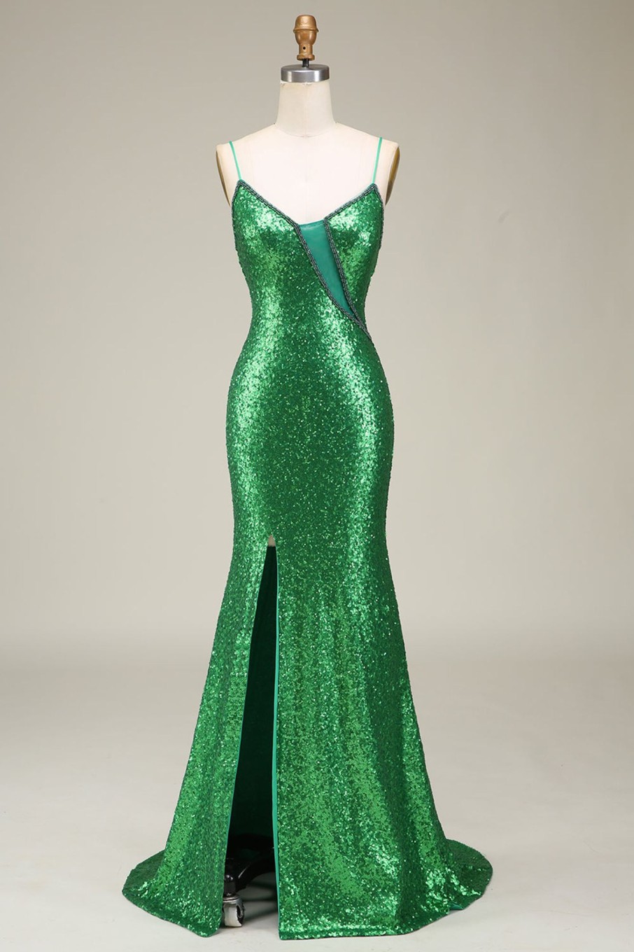 Prom Dresses HELLYMOON | Sparkly Mermaid Spaghetti Straps Sequins Long Prom Dress With Split Front Green