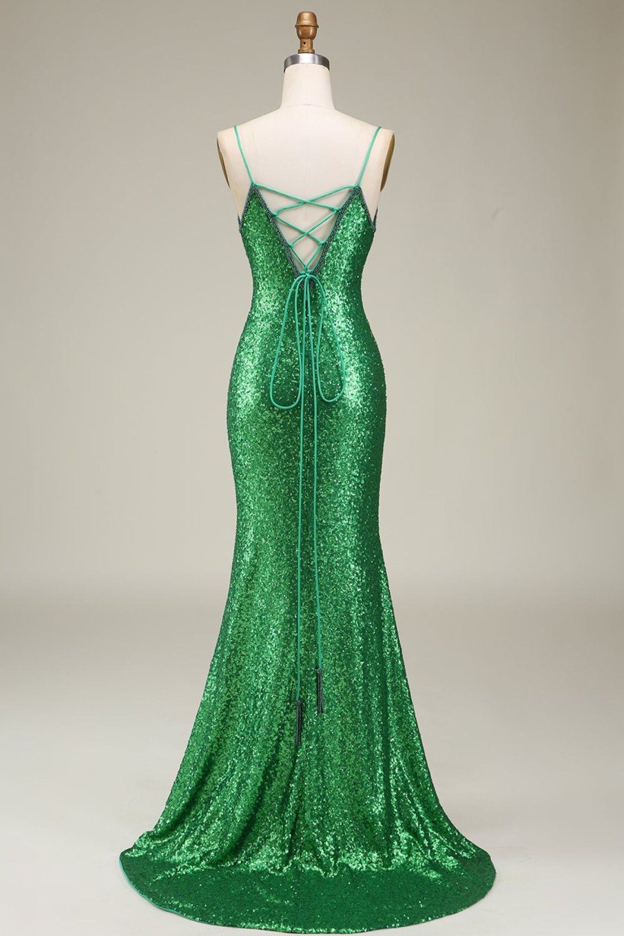 Prom Dresses HELLYMOON | Sparkly Mermaid Spaghetti Straps Sequins Long Prom Dress With Split Front Green