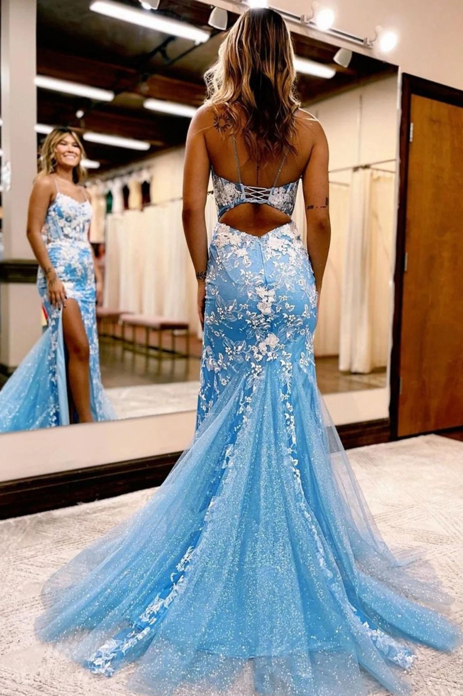 Prom Dresses HELLYMOON | Mermaid Spaghetti Straps Long Prom Dress With Appliques Blue