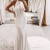 Wedding Dresses HELLYMOON | Simple Halter Open Back Long Wedding Dress White