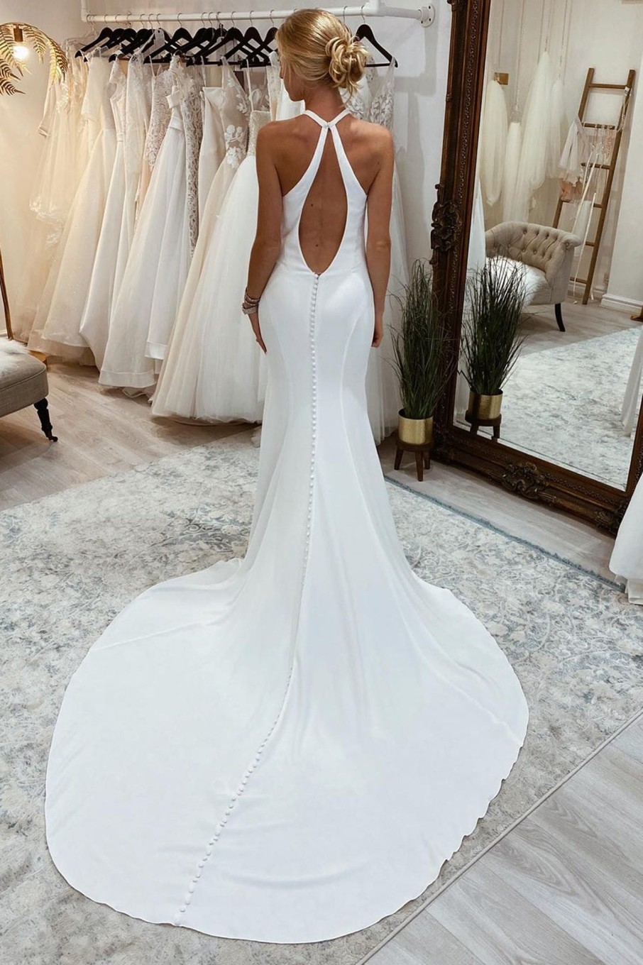 Wedding Dresses HELLYMOON | Simple Halter Open Back Long Wedding Dress White