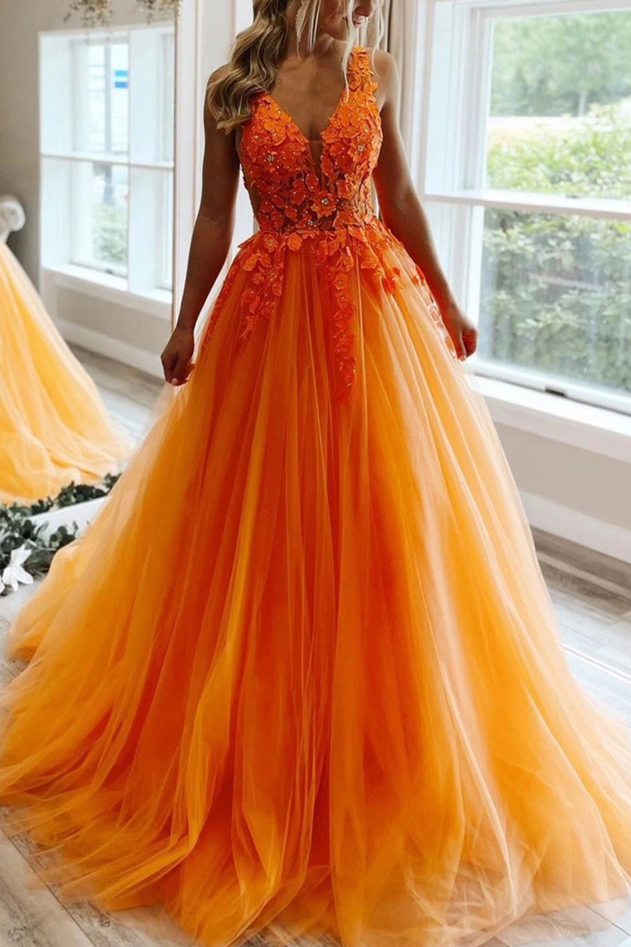 Prom Dresses HELLYMOON | Tulle Princess Prom Dress With Appliques Orange