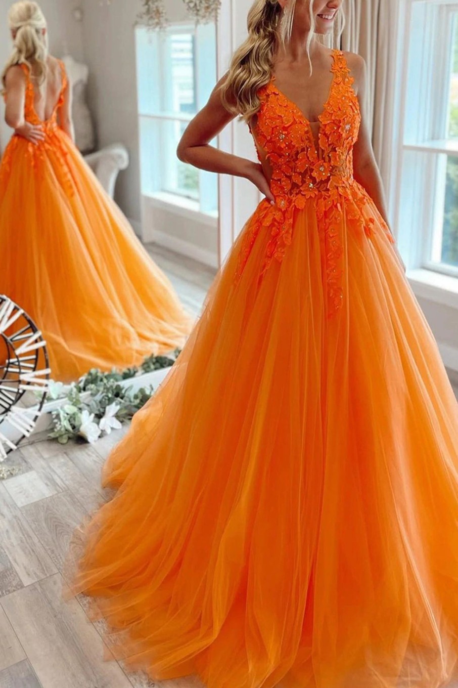 Prom Dresses HELLYMOON | Tulle Princess Prom Dress With Appliques Orange