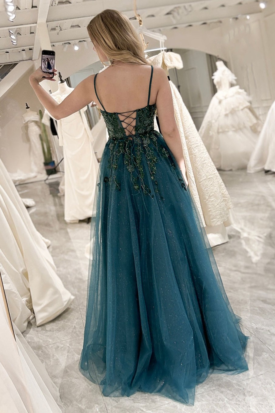 Prom Dresses HELLYMOON | A-Line Spaghetti Strap Beaded Prom Dress With Appliques Dark Green