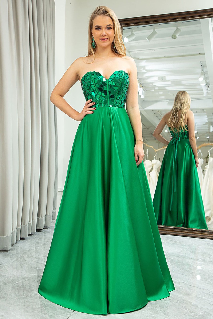 Prom Dresses HELLYMOON | Sparkly A-Line Strapless Corset Prom Dress Dark Green