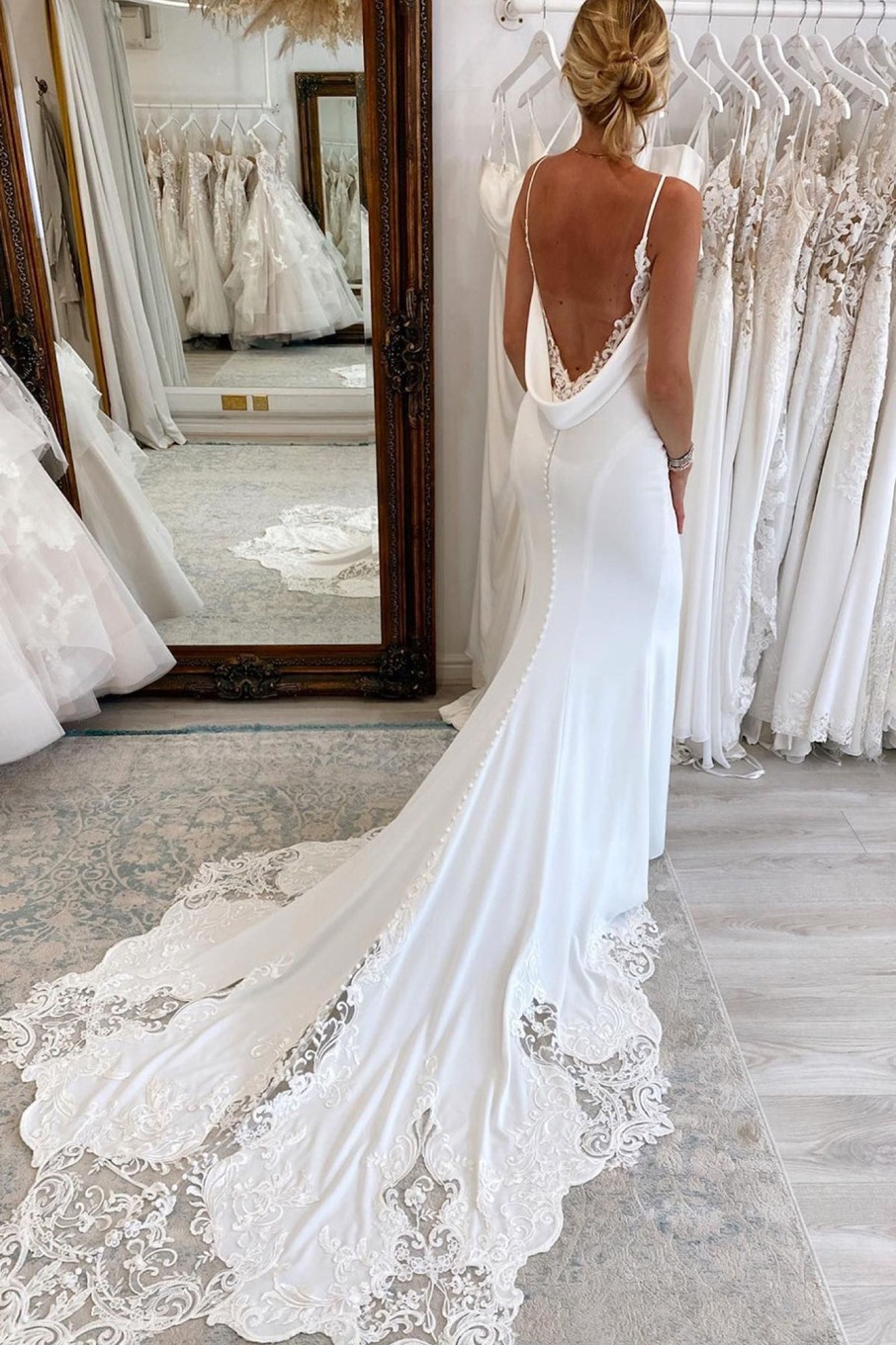 Wedding Dresses HELLYMOON | Spaghetti Straps Long Mermaid Boho Wedding Dress With Lace White