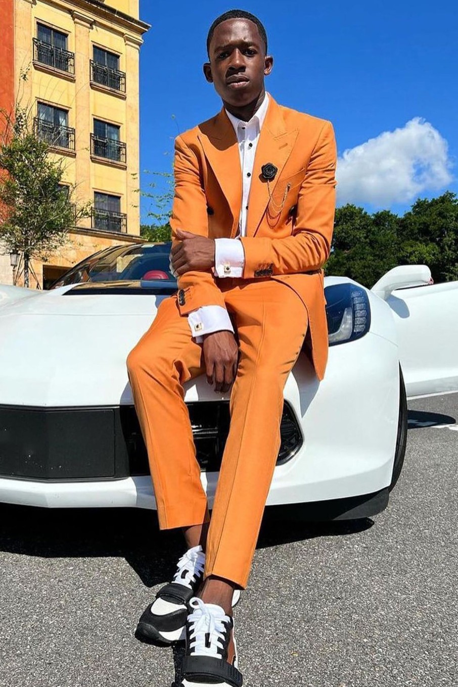 Men HELLYMOON | Peak Lapel Side Vents Men'S Prom Suits Orange