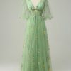 Prom Dresses HELLYMOON | Tulle A Line Corset Prom Dress With Sleeves Green