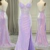 Prom Dresses HELLYMOON | Mermaid Spaghetti Straps Corset Long Sequin Prom Dress With Slit Light Purple