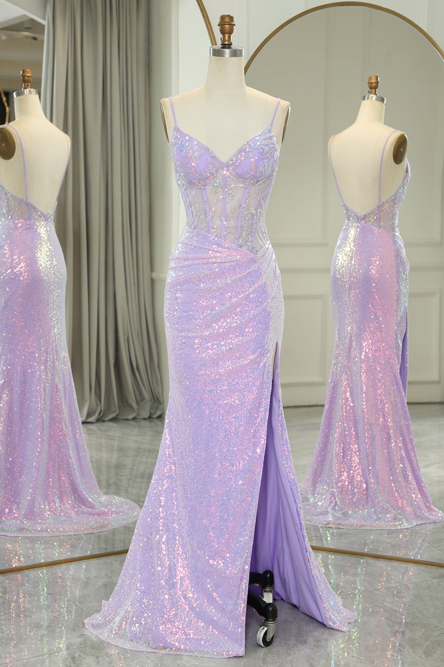 Prom Dresses HELLYMOON | Mermaid Spaghetti Straps Corset Long Sequin Prom Dress With Slit Light Purple