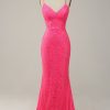 Prom Dresses HELLYMOON | Mermaid Spaghetti Straps Sparkly Prom Dress With Sequins Hot Pink