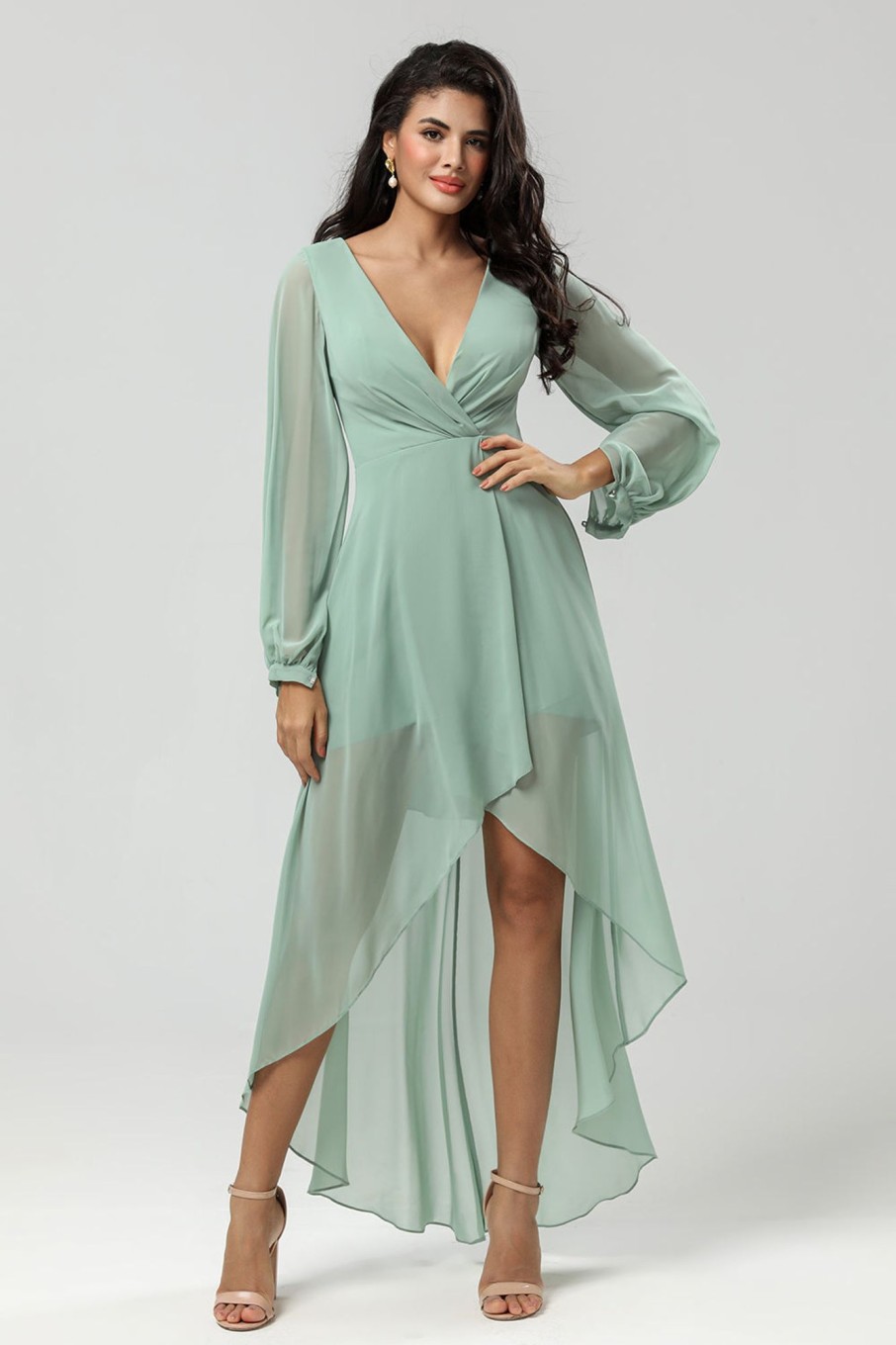 Partywear HELLYMOON | High-Low Chiffon A Line Green Bridesmaid Dress With Long Sleeves