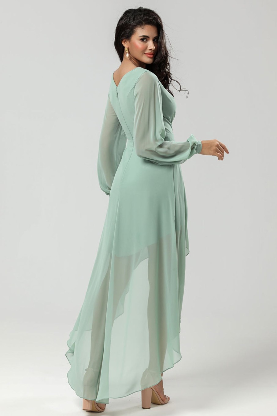 Partywear HELLYMOON | High-Low Chiffon A Line Green Bridesmaid Dress With Long Sleeves