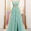 Prom Dresses HELLYMOON | A-Line Spaghetti Straps Tulle Long Prom Dress With Appliques Green