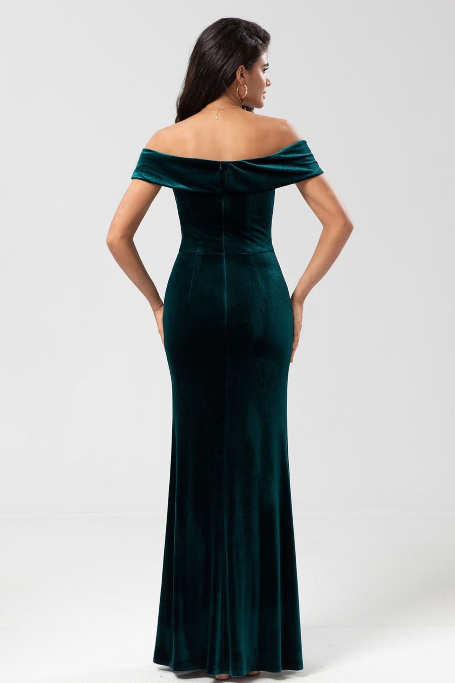 Partywear HELLYMOON | Mermaid Off The Shoulder Velvet Bridesmaid Dress Peacock Green