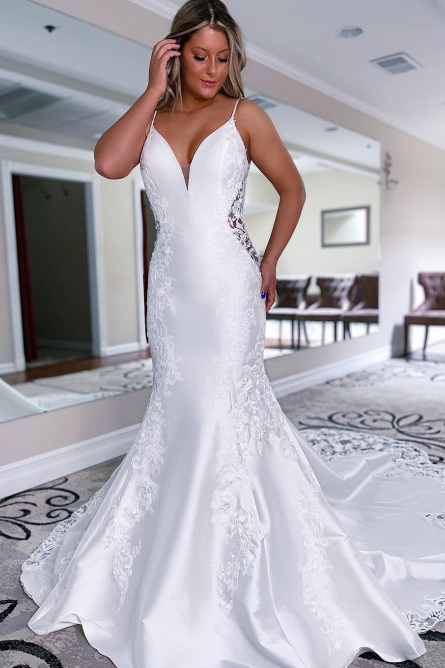 Wedding Dresses HELLYMOON | Mermaid Long Satin Wedding Dress With Lace White