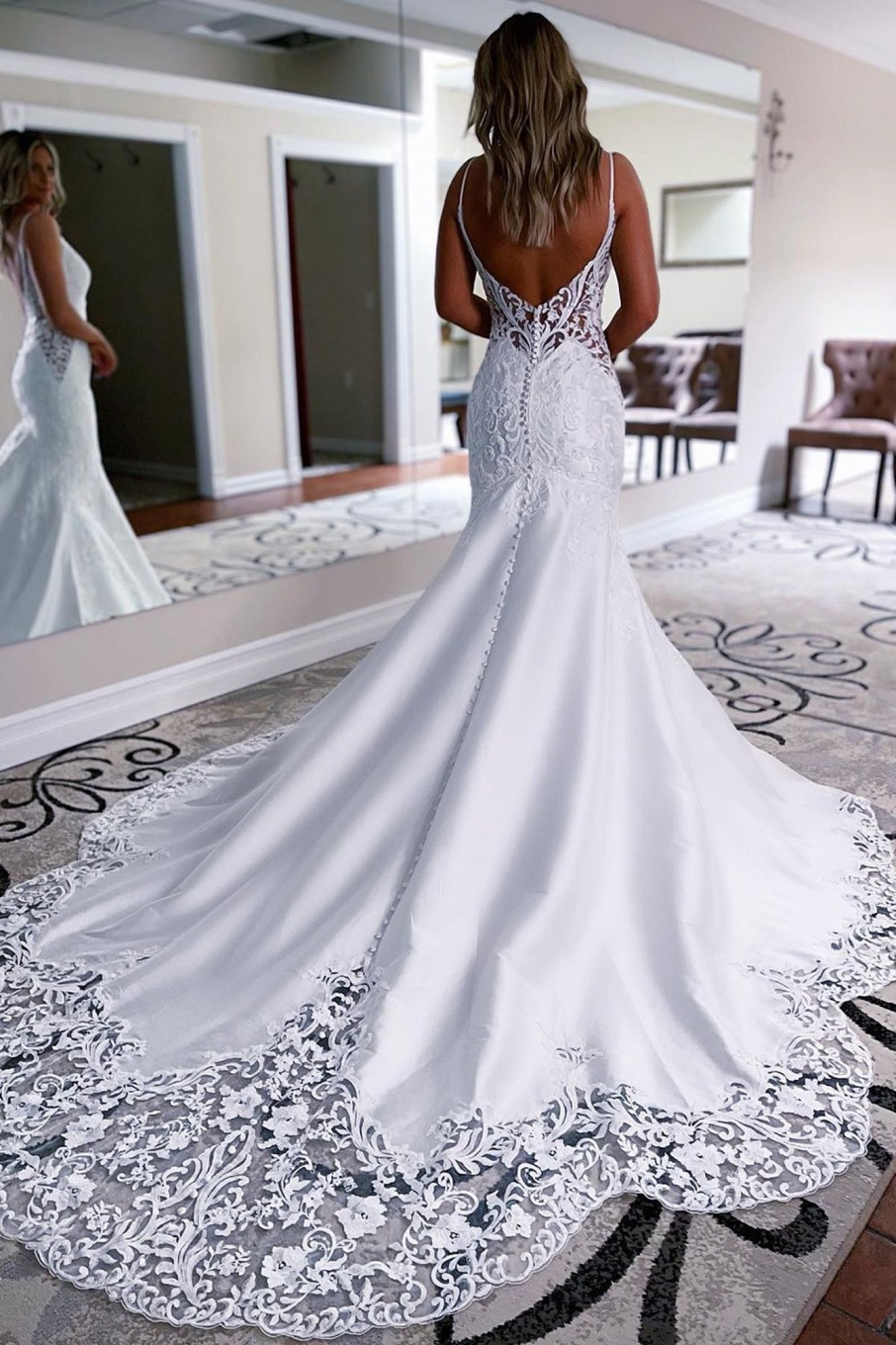 Wedding Dresses HELLYMOON | Mermaid Long Satin Wedding Dress With Lace White