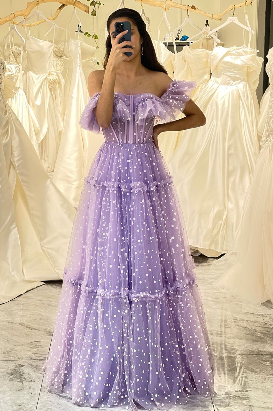 Prom Dresses HELLYMOON | A Line Off The Shoulder Tulle Long Corset Prom Dress Lilac