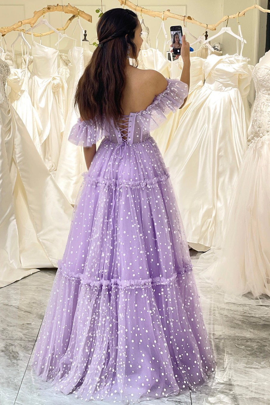 Prom Dresses HELLYMOON | A Line Off The Shoulder Tulle Long Corset Prom Dress Lilac