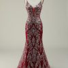 Prom Dresses HELLYMOON | Spaghetti Straps Mermaid Glitter Prom Dress Burgundy