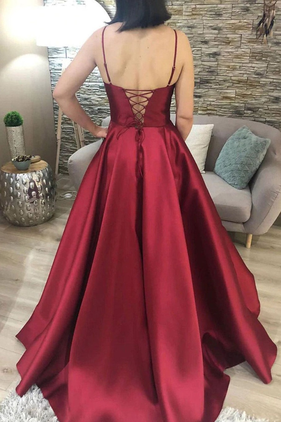 Prom Dresses HELLYMOON | A Line Satin Prom Dress With Lace-Up Back Burgundy