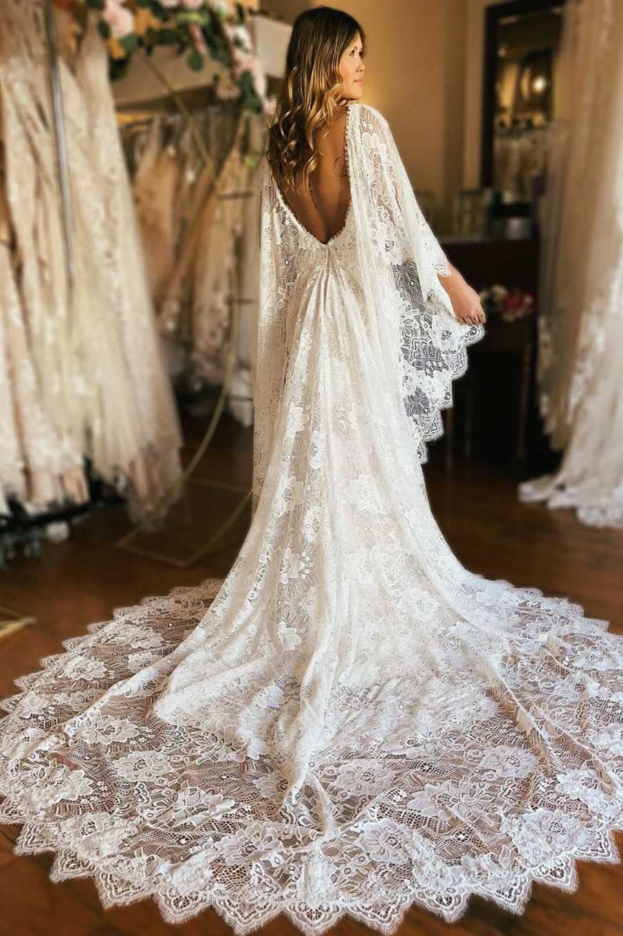 Wedding Dresses HELLYMOON | Long Sleeve Cape Lace Mermaid Wedding Dress With Appliques Ivory