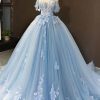 Special Occasion HELLYMOON | Off The Shoulder Ball Gown Princess Prom Dress Light Blue