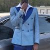 Men HELLYMOON | Sparkly Peak Lapel 2 Piece Men'S Prom Suits Grey Blue