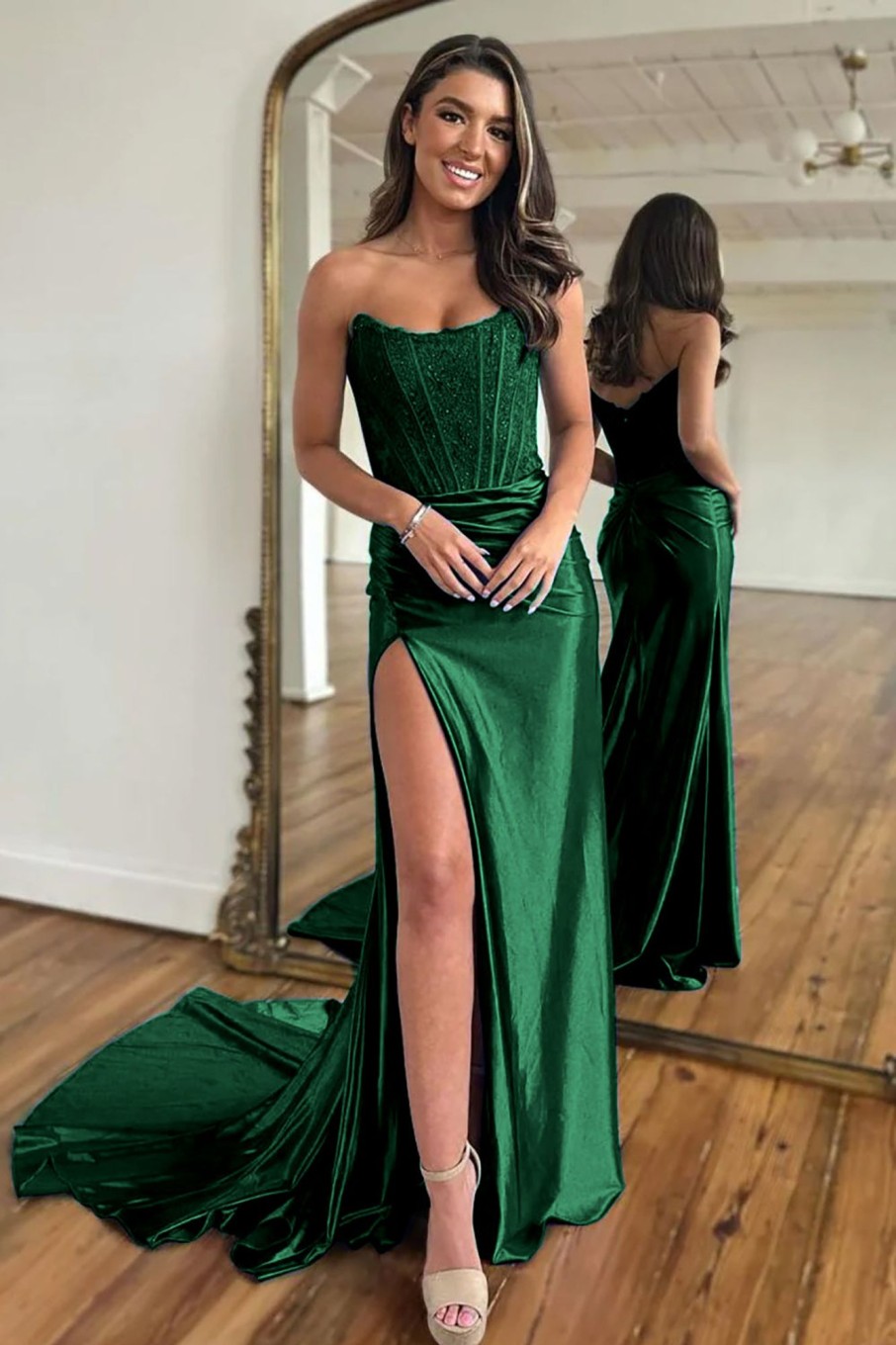 Special Occasion HELLYMOON | Mermaid Strapless Satin Corset Prom Dress With Slit