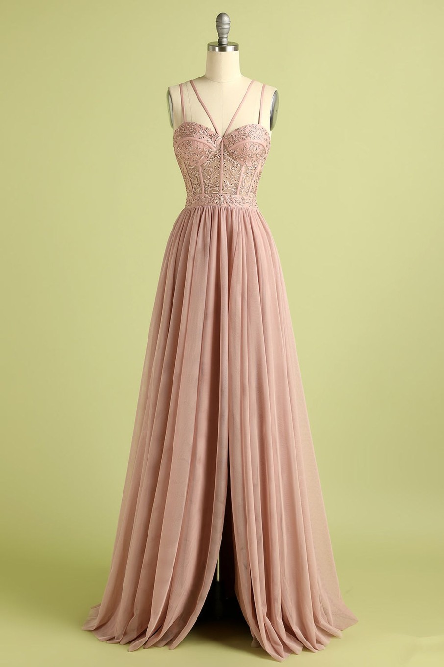 Prom Dresses HELLYMOON | Spaghetti Straps Prom Dress With Slit Pink