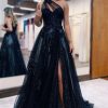 Special Occasion HELLYMOON | A Line Tulle One Shoulder Corset Prom Dress With Beading Black