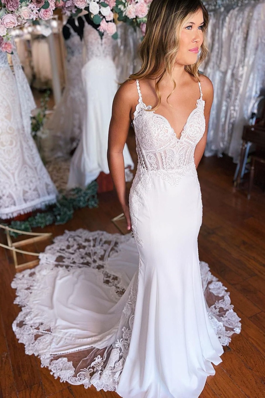 Wedding Dresses HELLYMOON | Boho Mermaid Spaghetti Straps Long Wedding Dress With Lace White