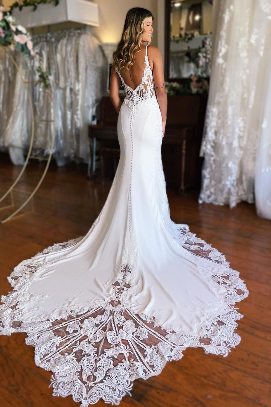 Wedding Dresses HELLYMOON | Boho Mermaid Spaghetti Straps Long Wedding Dress With Lace White