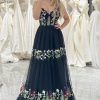 Prom Dresses HELLYMOON | A-Line Spaghetti Straps Embroidered Tulle Long Prom Dress Black