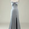 Prom Dresses HELLYMOON | Spaghetti Straps Satin Prom Formal Dress With Slit Grey