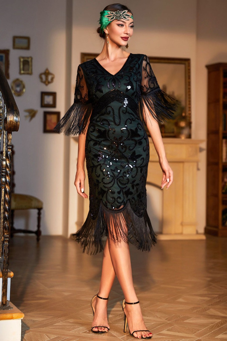 Special Occasion HELLYMOON | V-Neck Fringed Sequins Party Dress Dark Green