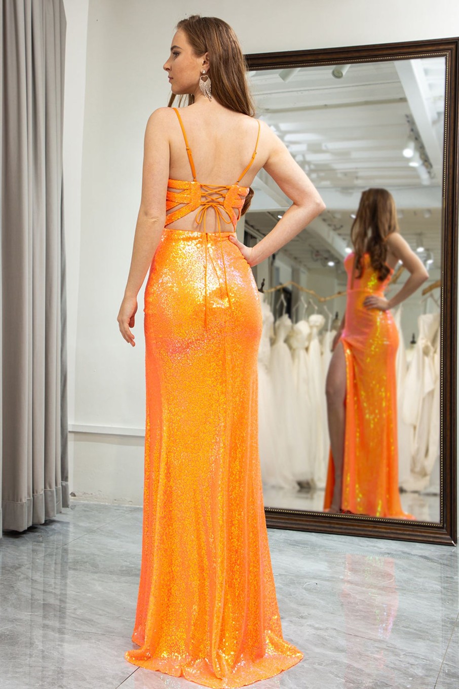 Prom Dresses HELLYMOON | Mermaid Spaghetti Straps Sequin Long Prom Dress With Slit Orange