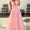 Special Occasion HELLYMOON | V-Neck Backless Tulle Long Prom Dress Pink