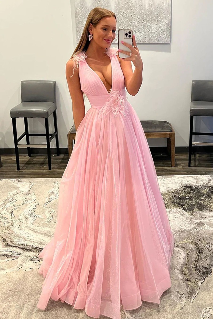 Special Occasion HELLYMOON | V-Neck Backless Tulle Long Prom Dress Pink