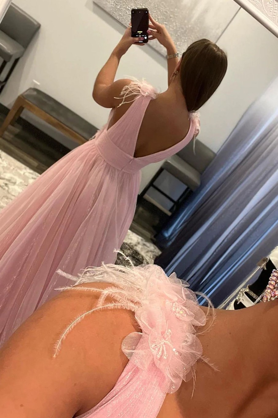 Special Occasion HELLYMOON | V-Neck Backless Tulle Long Prom Dress Pink