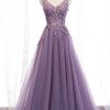 Prom Dresses HELLYMOON | Tulle A Line Beaded Prom Dress With Appliques Purple