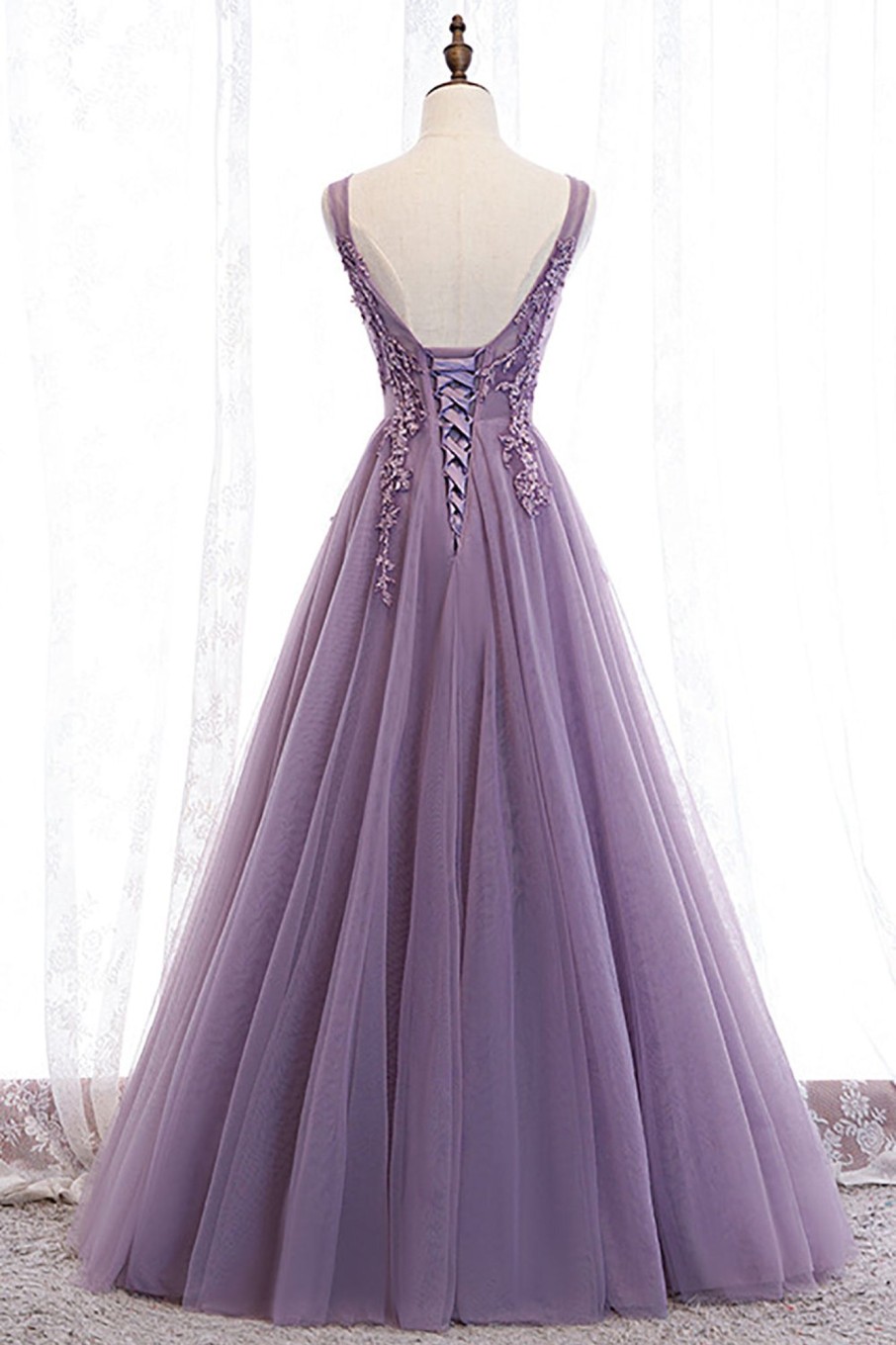 Prom Dresses HELLYMOON | Tulle A Line Beaded Prom Dress With Appliques Purple