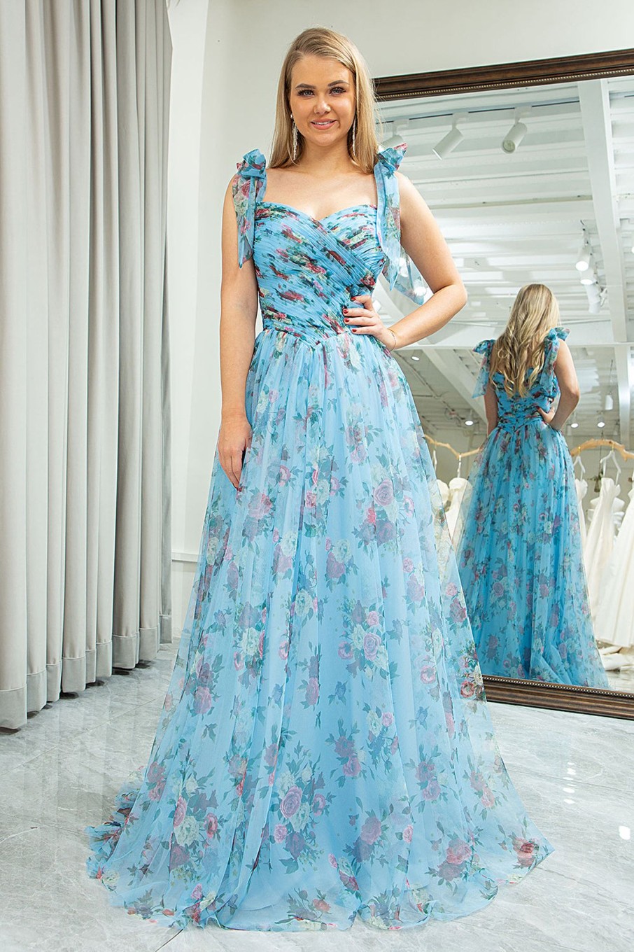 Prom Dresses HELLYMOON | A-Line Printed Off The Shoulder Prom Dress Blue