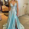 Prom Dresses HELLYMOON | Beading Blue Long Prom Dress With Criss Cross Back Light Blue