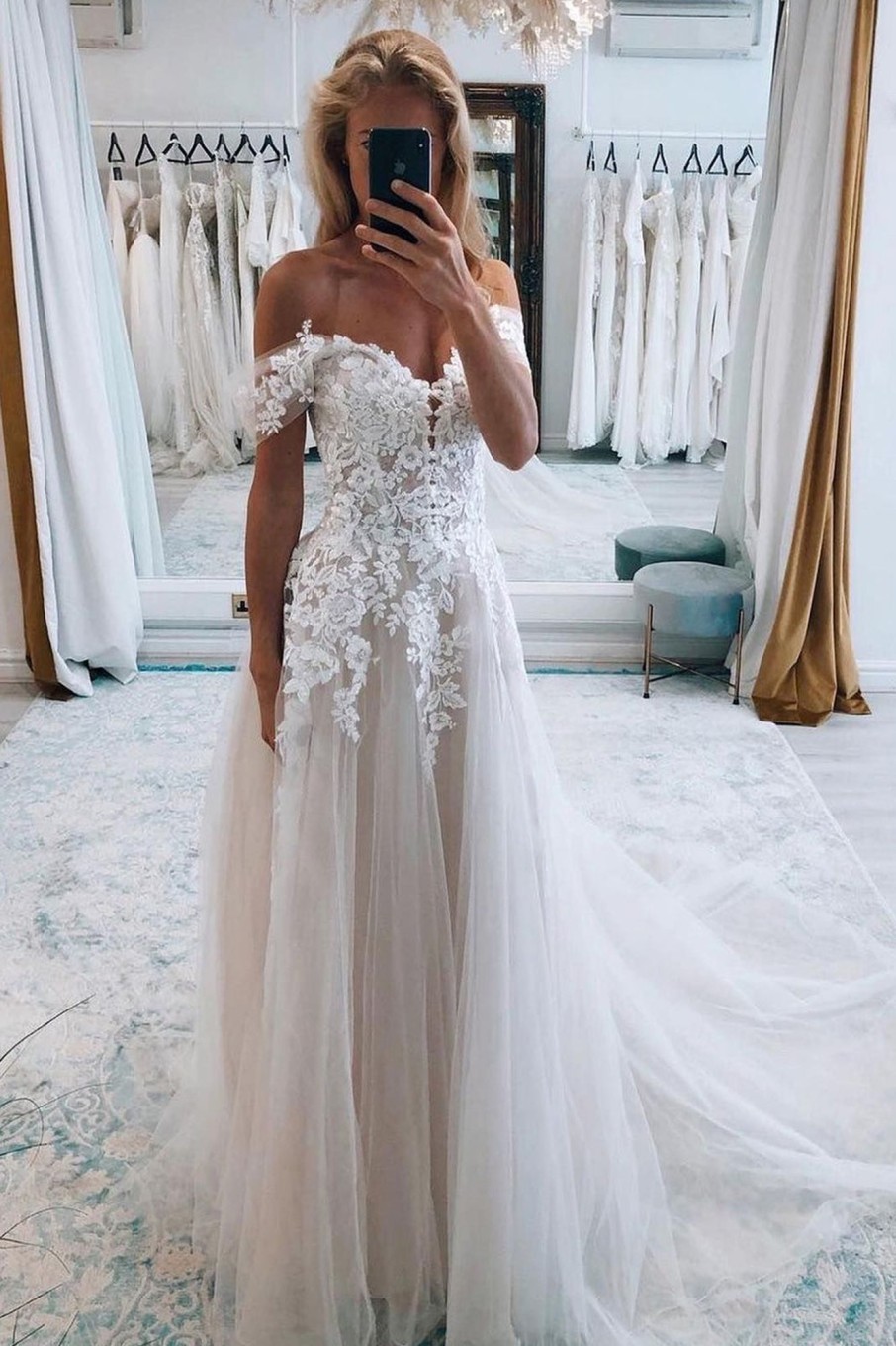 Wedding Dresses HELLYMOON | A-Line Off The Shoulder Long Wedding Dress With Lace Ivory