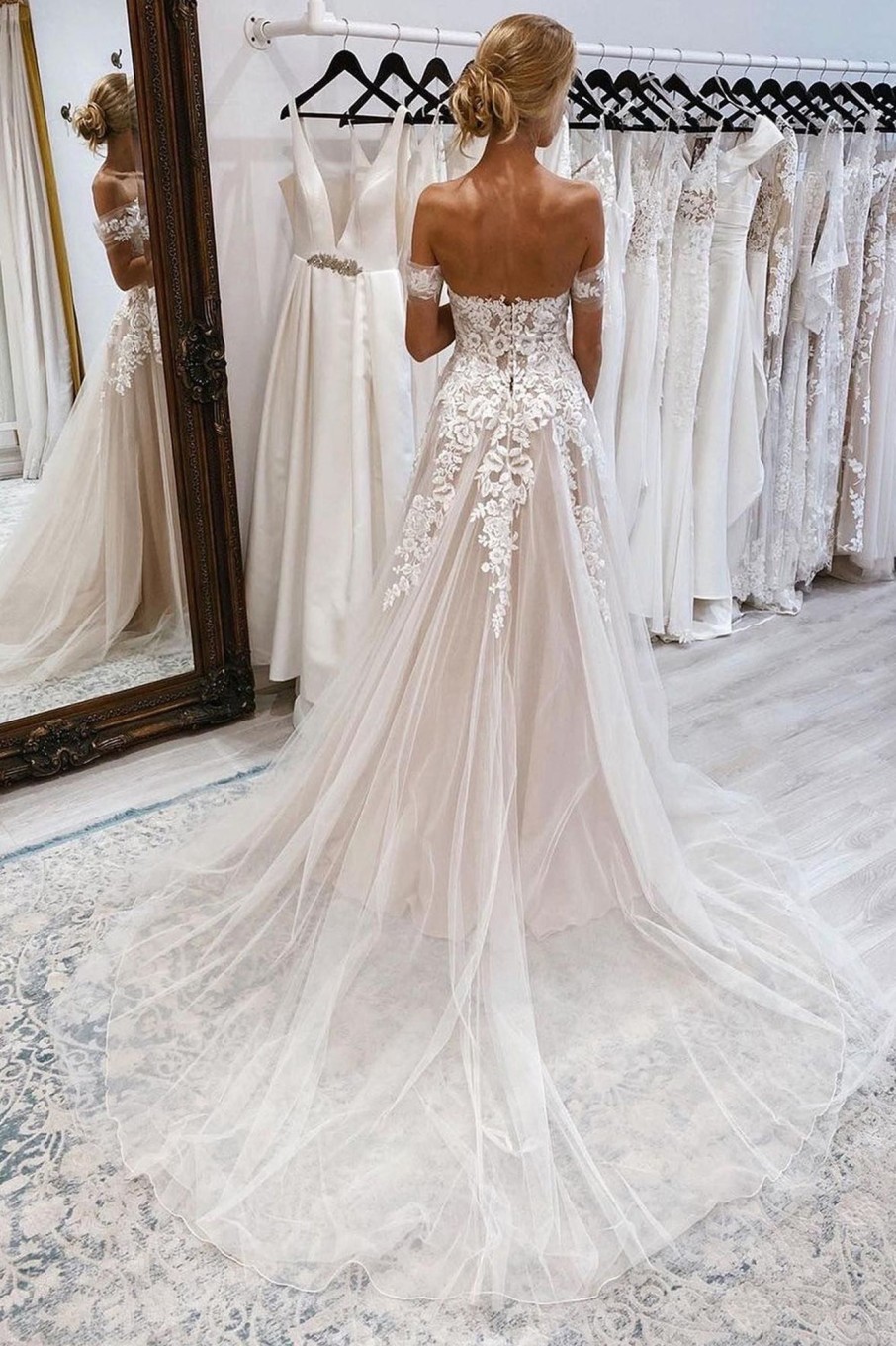 Wedding Dresses HELLYMOON | A-Line Off The Shoulder Long Wedding Dress With Lace Ivory