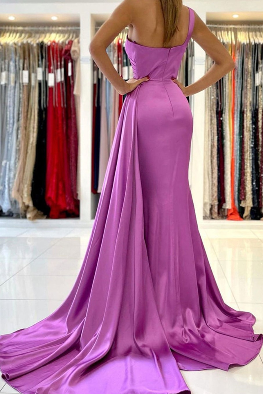 Partywear HELLYMOON | One Shoulder Satin Bridesmaid Dress With Pleated Side Draping