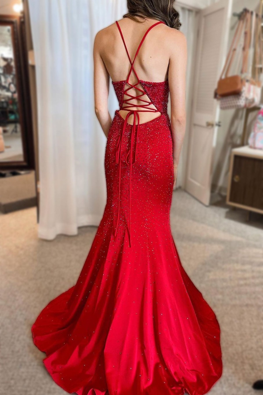 Special Occasion HELLYMOON | Beading Lace-Up Back Mermaid Party Dress Red