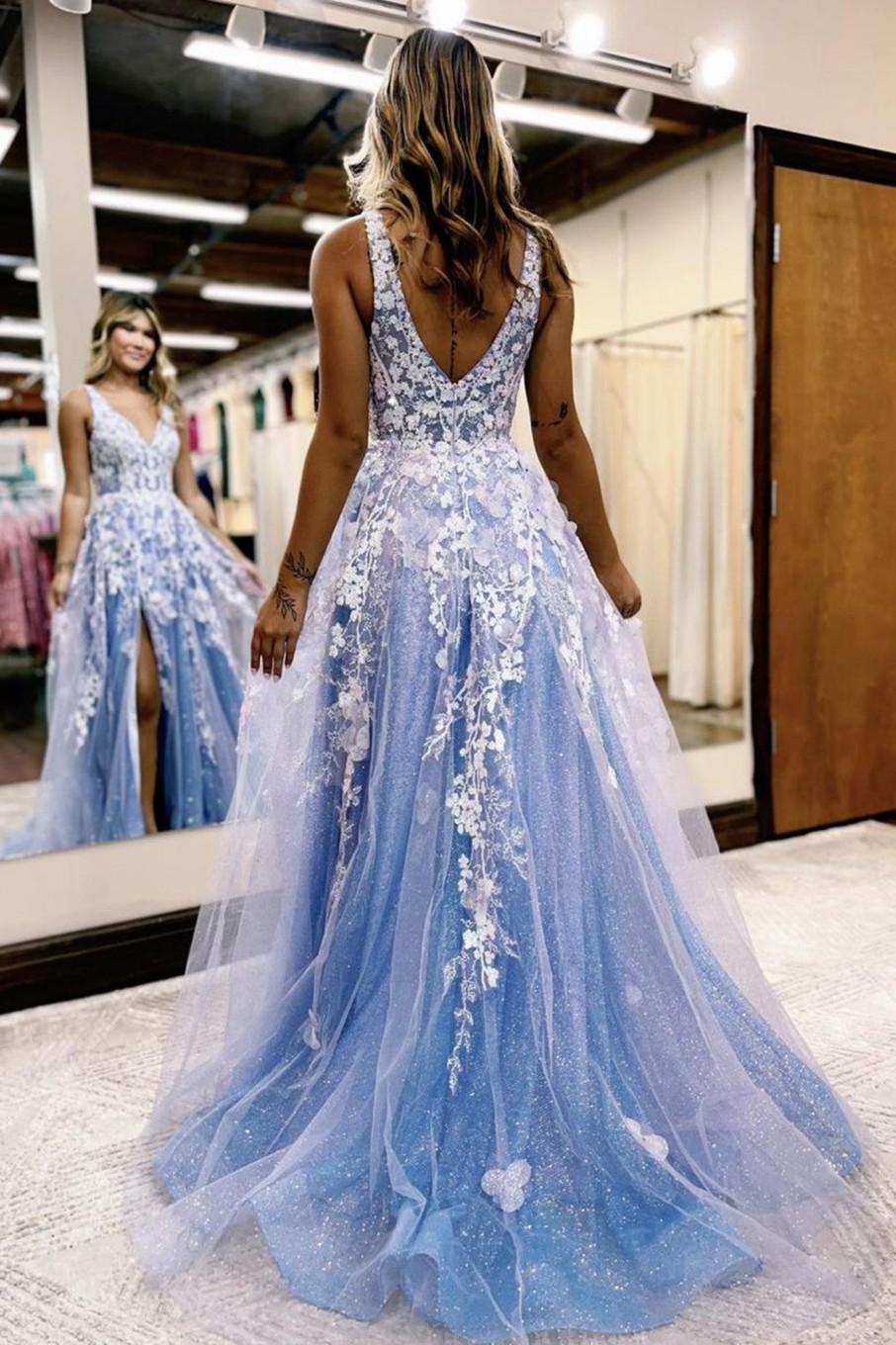 Special Occasion HELLYMOON | A Line Blue Tulle Long Prom Dress With Slit Light Blue