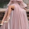 Prom Dresses HELLYMOON | Off The Shoulder Tulle Sparkly Prom Dress With Slit Pink